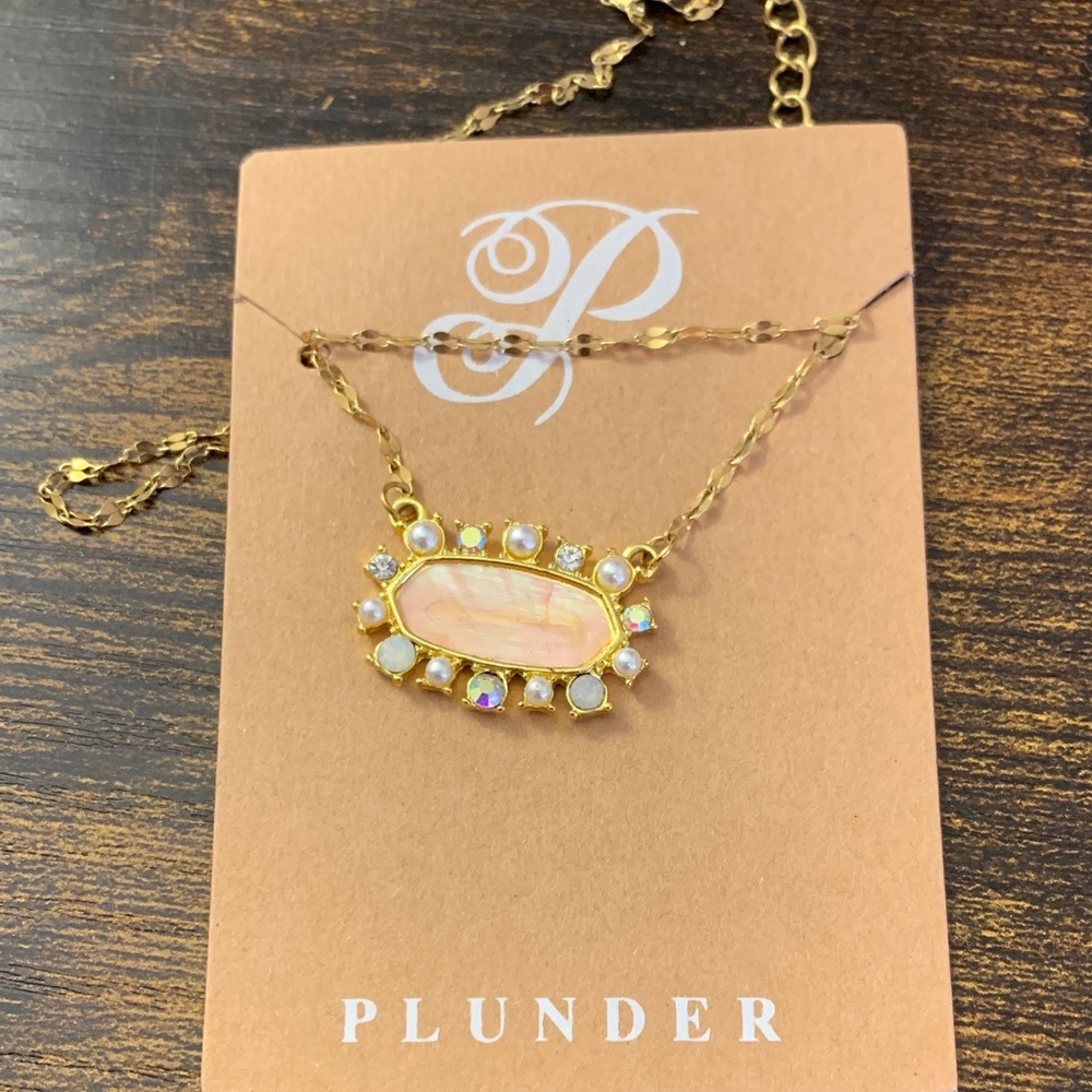 Plunder Gold-Plated Necklace with Pink Opal Center and Iridescent Accents